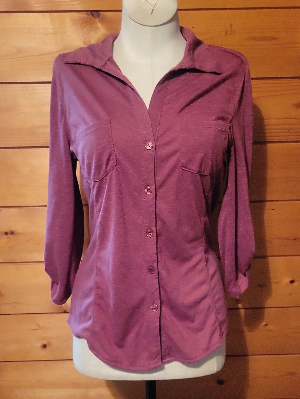 Y2K 3/4 Sleeve Button Down Collar Top in Mauve Office Business Work Casual Med